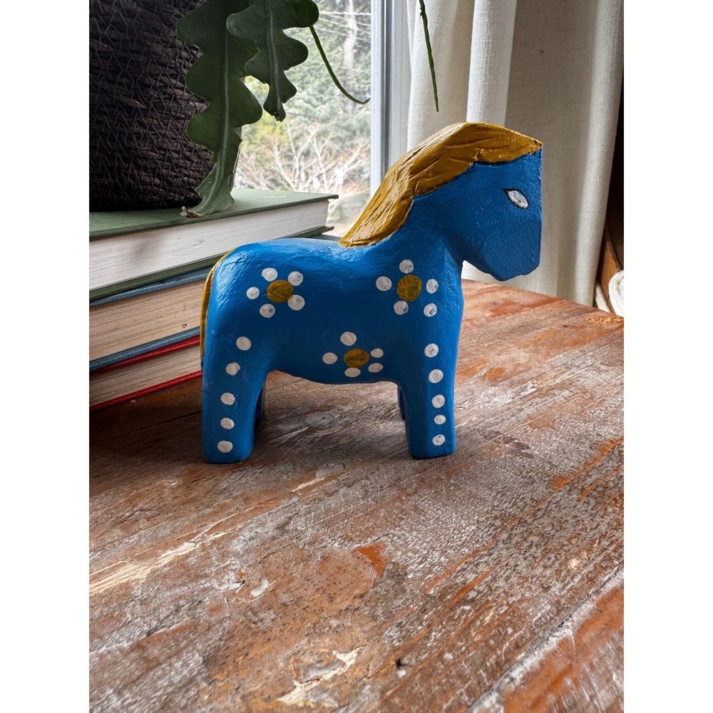 Hand Painted Wooden‎ Dala Horse Figurine Blue Yellow Floral Folk Art Signed 2010